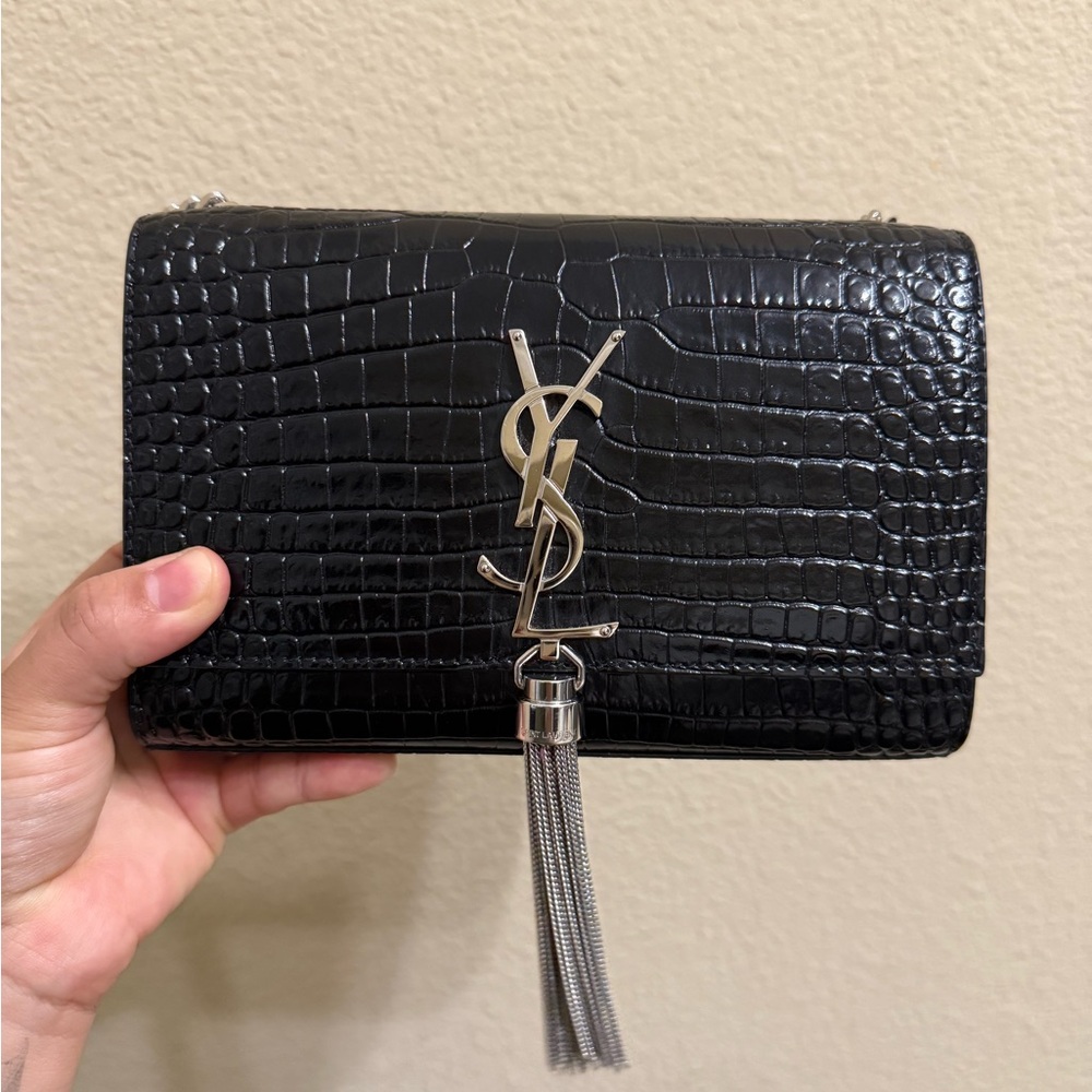 Yves Saint Laurent Black Croc-Embossed Clutch with Silver Logo
